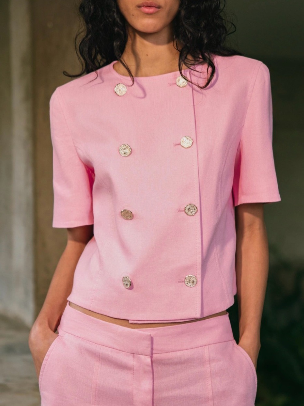 ZARA Pink Double-Breasted Short-Sleeve Top sz small